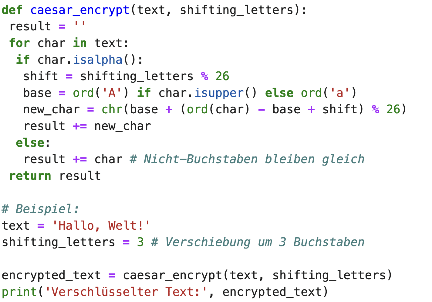 Caesar Chiffre Python Code, Cäsar Verschlüsselung Python Programm