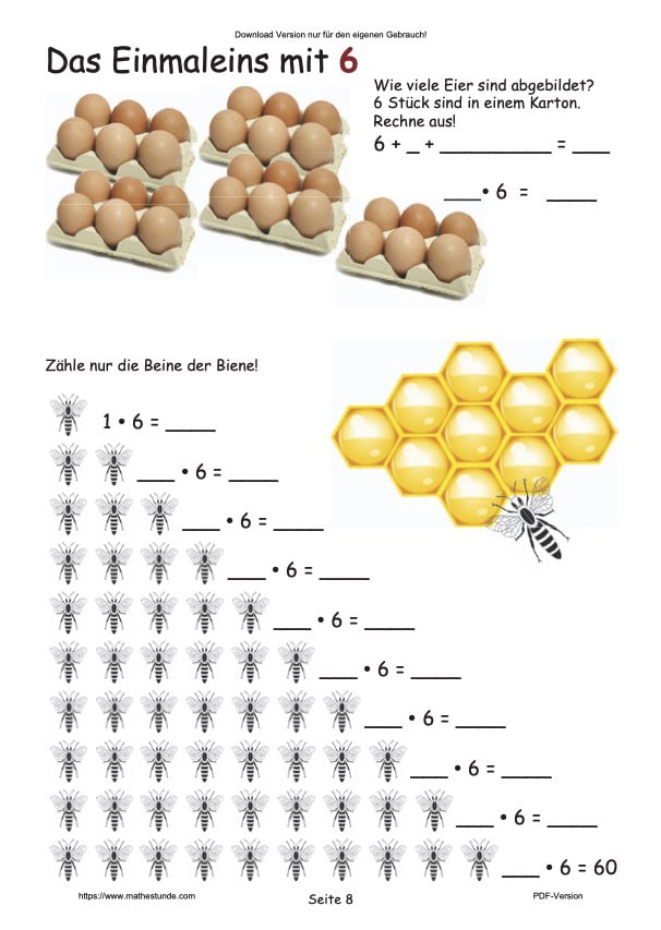 Einmaleins lernen die einfache Sechserreihe als Addition