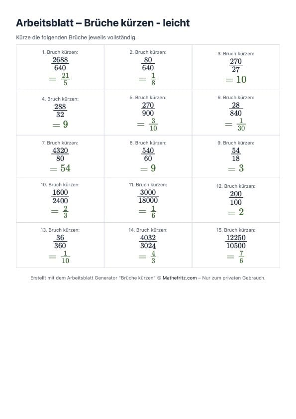 Arbeitsblatt Generator Kürzen leicht Lösungen