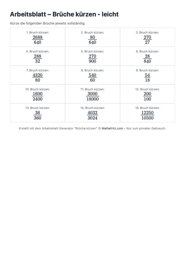 Arbeitsblatt Brüche kürzen einfach, erzeugt mit dem Arbeitsblatt Generator von Mathefritz