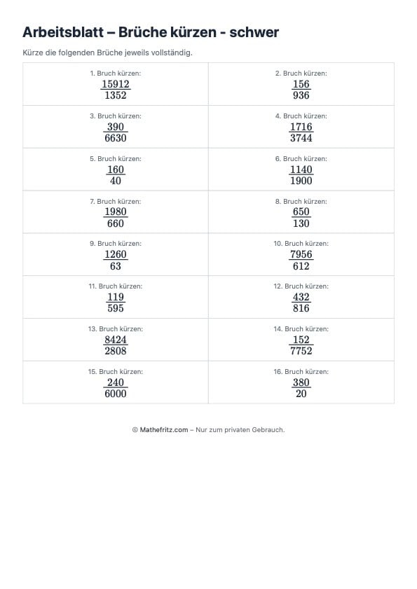 Arbeitsblatt kürzen schwer