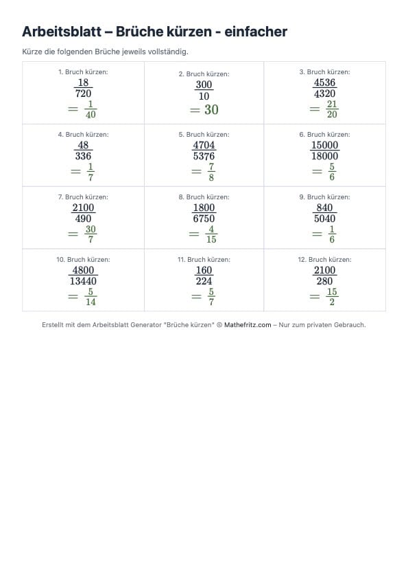 Arbeitsblatt Brüche Kürzen sehr leicht Lösungen
