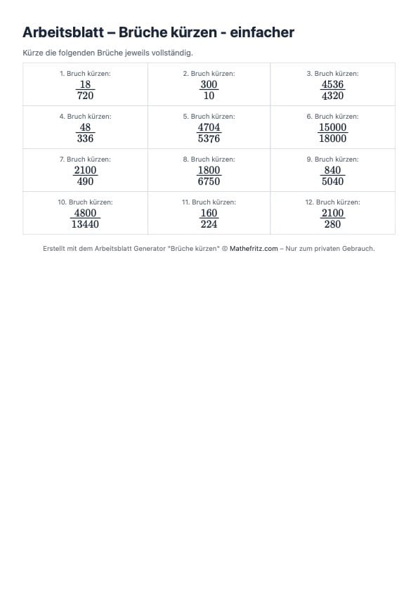 Arbeitsblatt Bruchrechnung kürzen sehr einfach