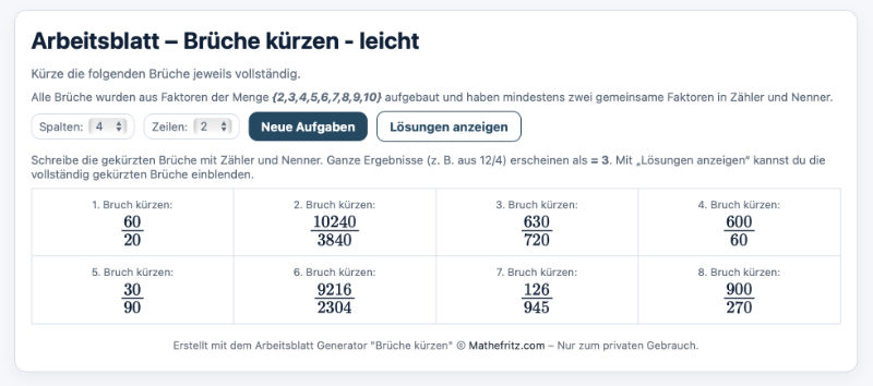 Arbeitsblatt Generator Brüche mit Parametern