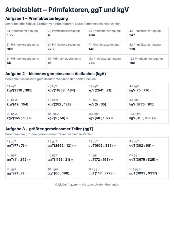 Arbeitsblatt erzeugt mit dem Arbeitsblatt generator Primfaktoren, ggT, kgV