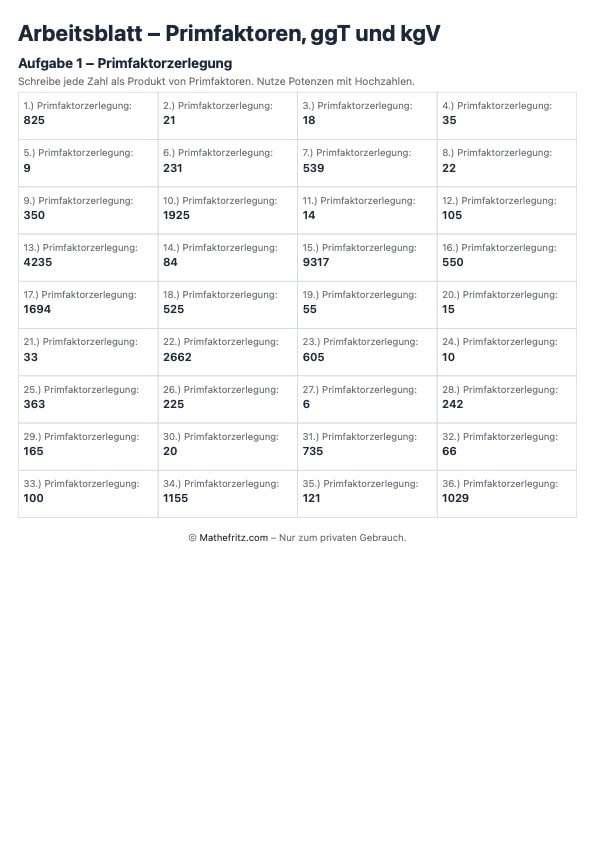 Arbeitsblatt erzeugt mit dem interaktiven Arbeitsblatt Generator hier nur Primfaktoren