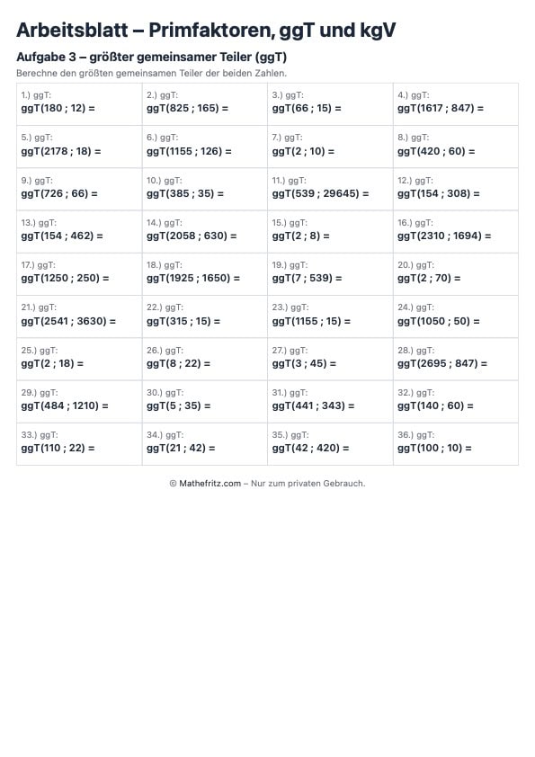 Arbeitsblatt GGT größter gemeinsamer Teiler, erstellt mit dem Arbeitsblatt Generator von Mathefritz