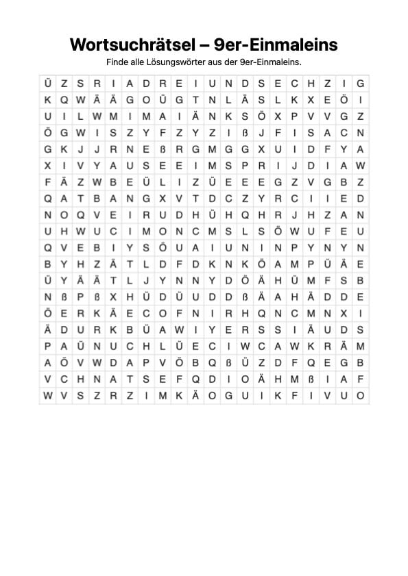 Wortsuchrätsel zum Einmaleins mit 9, erzeugt mit dem Rätsel Generator von Mathefritz