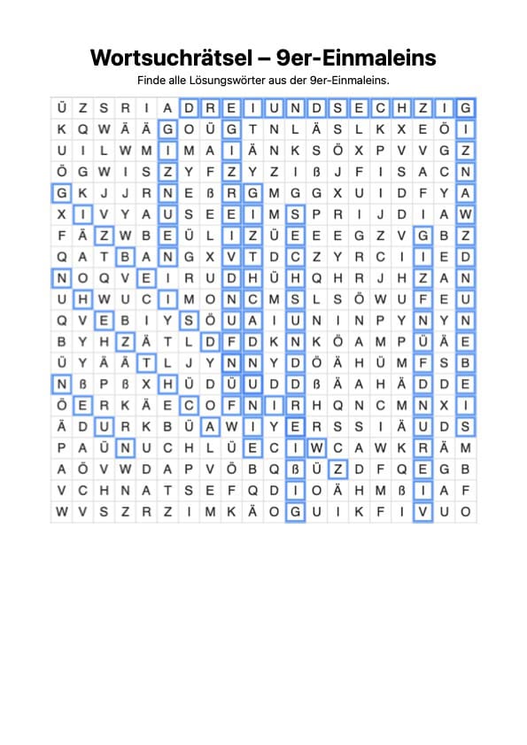 Wortsuchrätsel Lösungen zum Einmaleins mit 9, erzeugt mit dem Rätsel Generator von Mathefritz