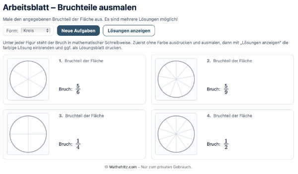 Bild des Arbeitsblatt Generators Bruchteile ausmalen