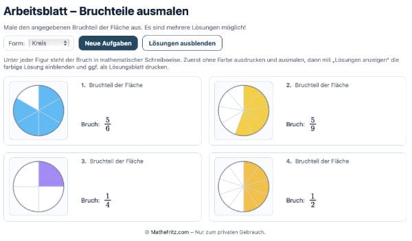 Bild mit Lösungen des Arbeitsblatt Generators Bruchteile