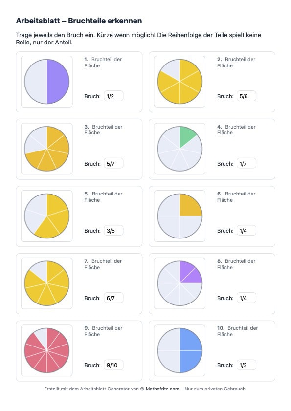 Lösungen zu Arbeitsblatt 1 Bruchteile erkennen
