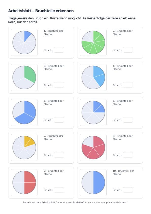 Bruchteile erkennen, Arbeitsblatt mit dem Generator erstellt