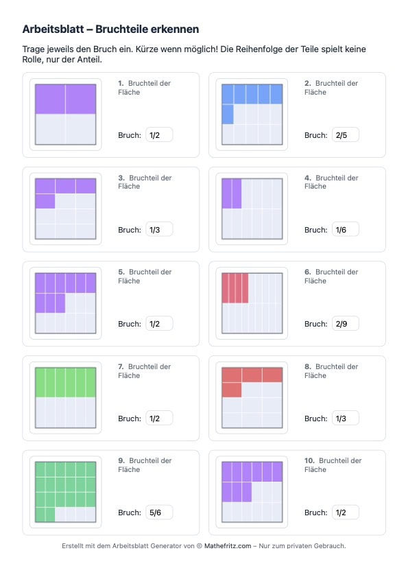 Arbeitsblatt Bruchteile mit Generator erzeugt mit Lösungen
