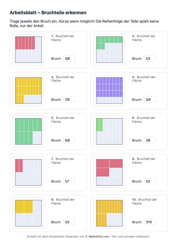 Arbeitsblatt Bruchteile mit Lösungen