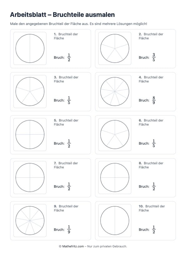 Arbeitsblatt Bruchteile ausmalen mit dem Arbeitsblatt generator erstellt