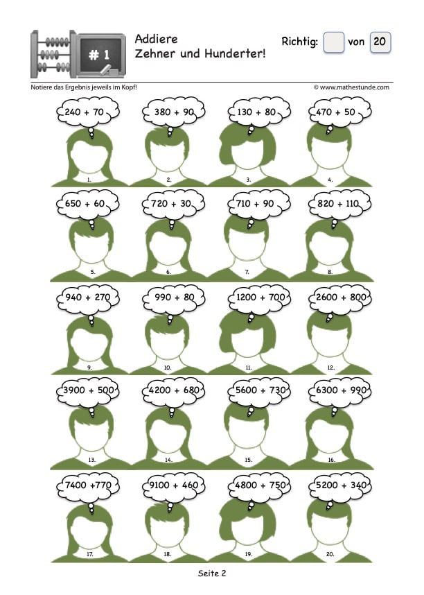 Kopfrechnen üben: addiere Zehner und Hunderter