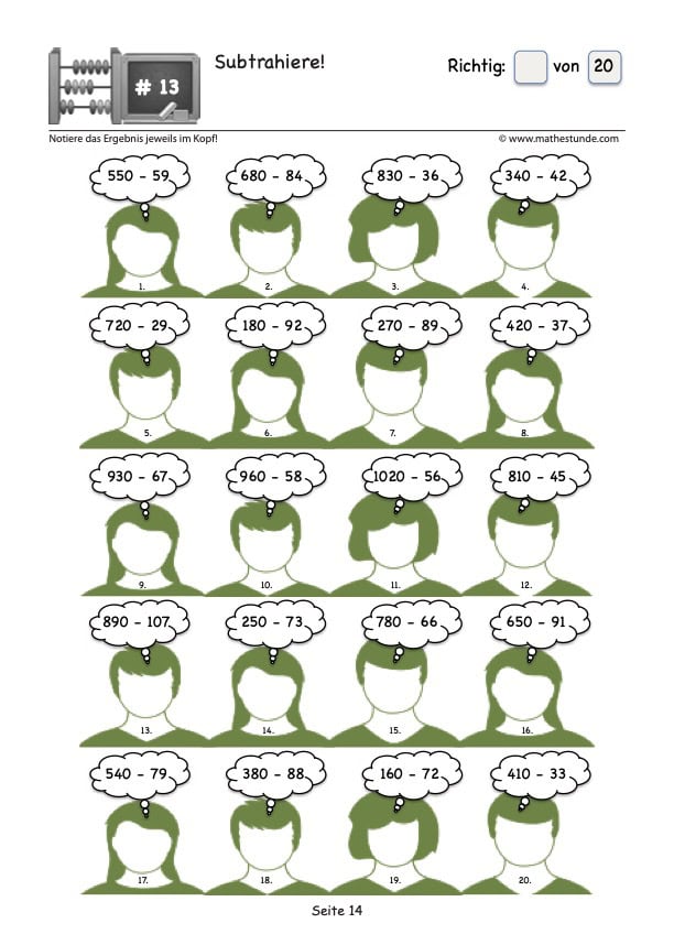 Kopfrechenübungen Subtraktion