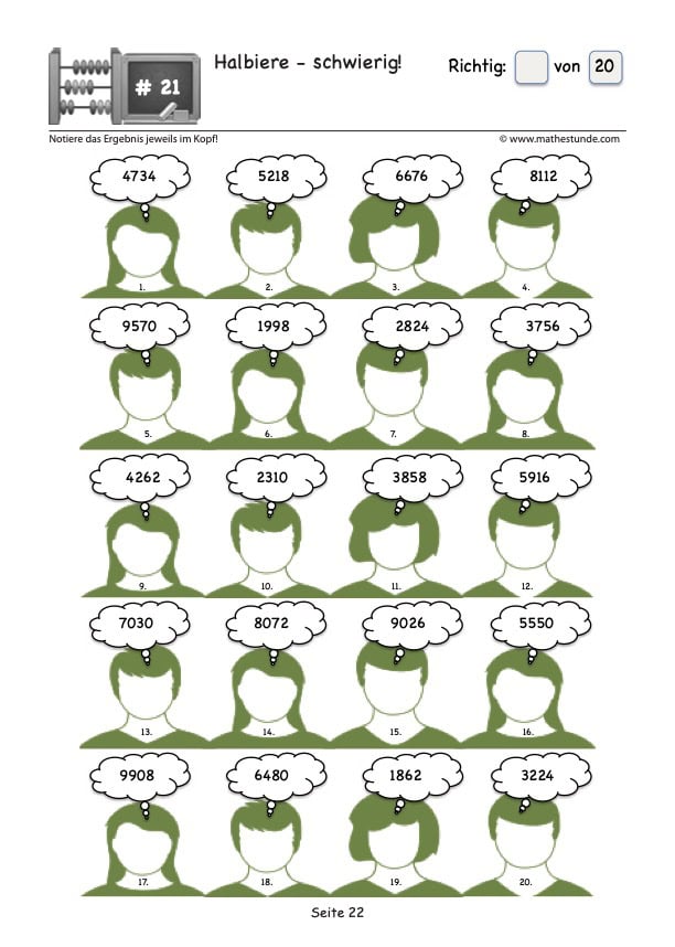 Halbiere Zahlen - schwierige Kopfrechenübungen