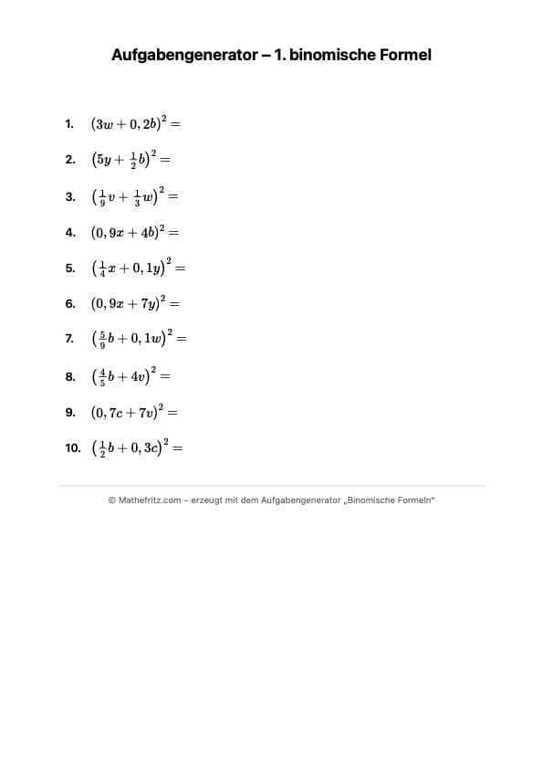 Arbeitsblätter zu den binomischen Formeln zum Ausdrucken: hier zur 1. binomischen Formel