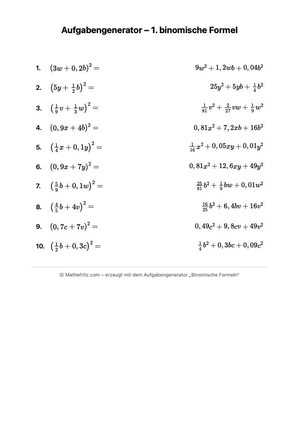 Arbeitsblätter zu den binomischen Formeln mit Lösungen zum Ausdrucken: hier zur 1. binomischen Formel mit Lösungen