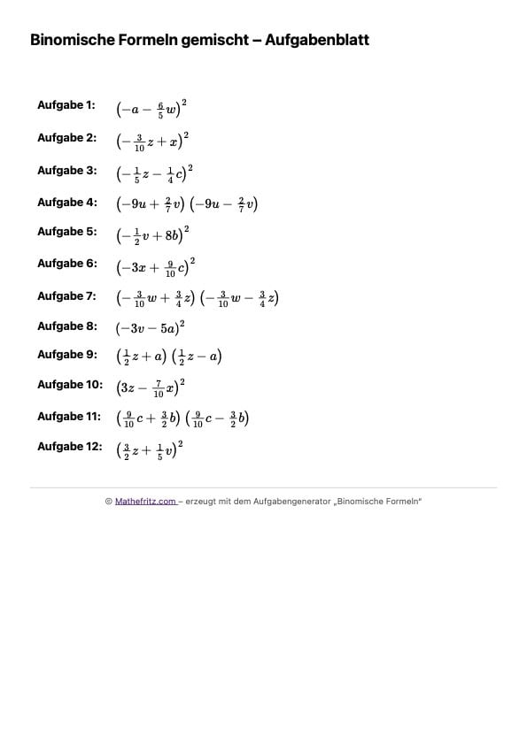 Arbeitsblatt zu 1. binomischer Formen, 2. binomischer Formel, 3. binomischer Formel gemischt mit Lösungen