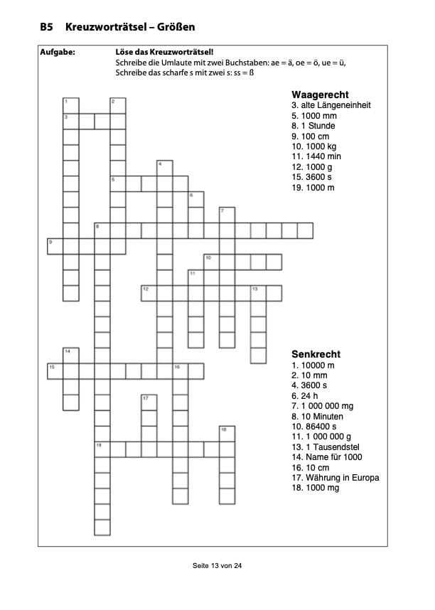 Selbstlernheft Rechnen mit Größen Kreuzworträtsel zum Thema Größen