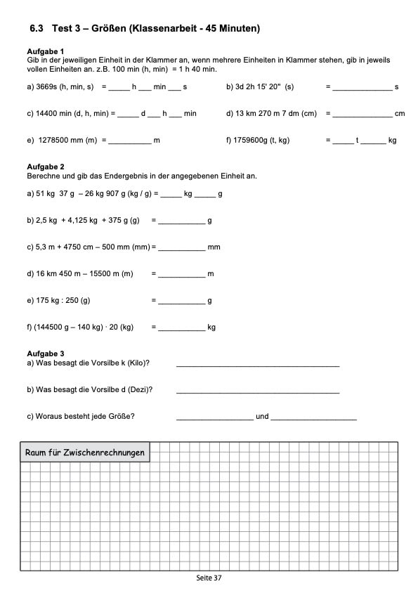 Erste Seite einer Klassenarbeit zum Thema Zeiten. Alle Aufgaben zum Rechnen im Heft!