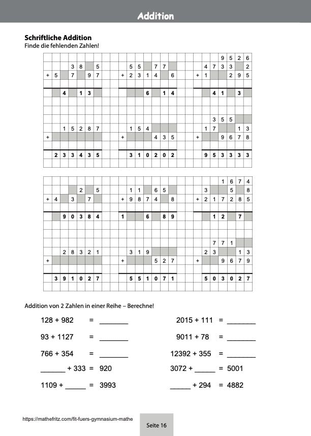 Eignungstest Gymnasium  schriftliche Addition