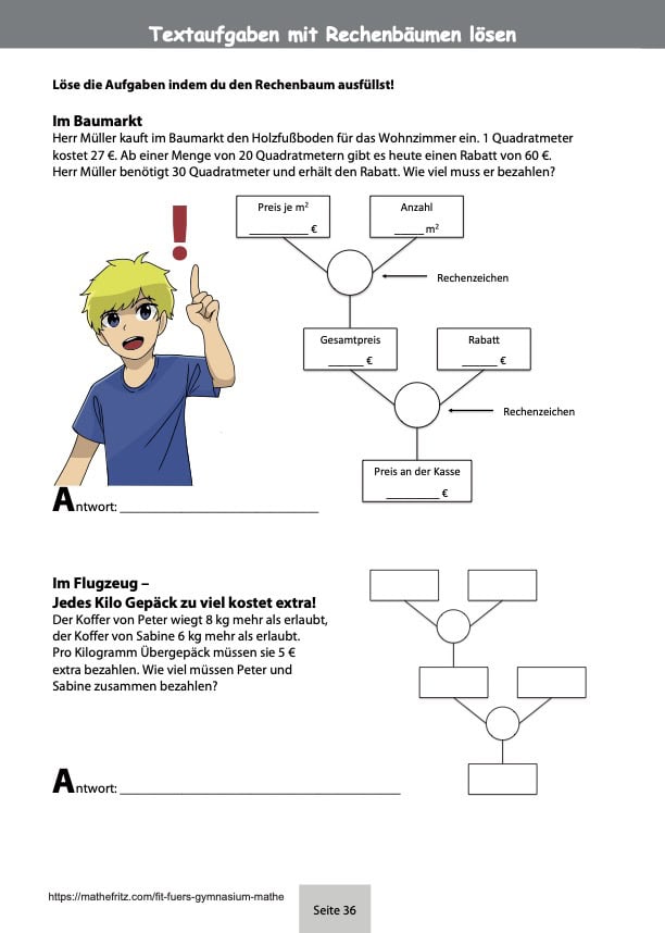 Textaufgaben und Rechenbäume als Einstiegstest Gymnasium