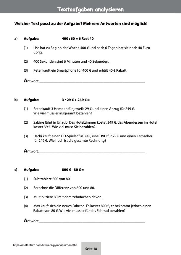 Textaufgaben analysieren und bewerten als Einstiegstest Gymnasium Beispiele