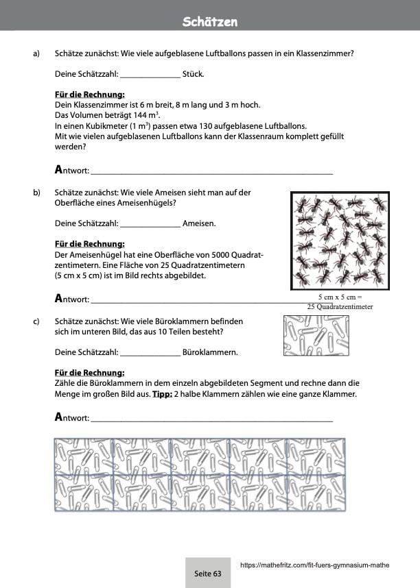 Textaufgaben Schätzen fit fürs Gymnasium Test