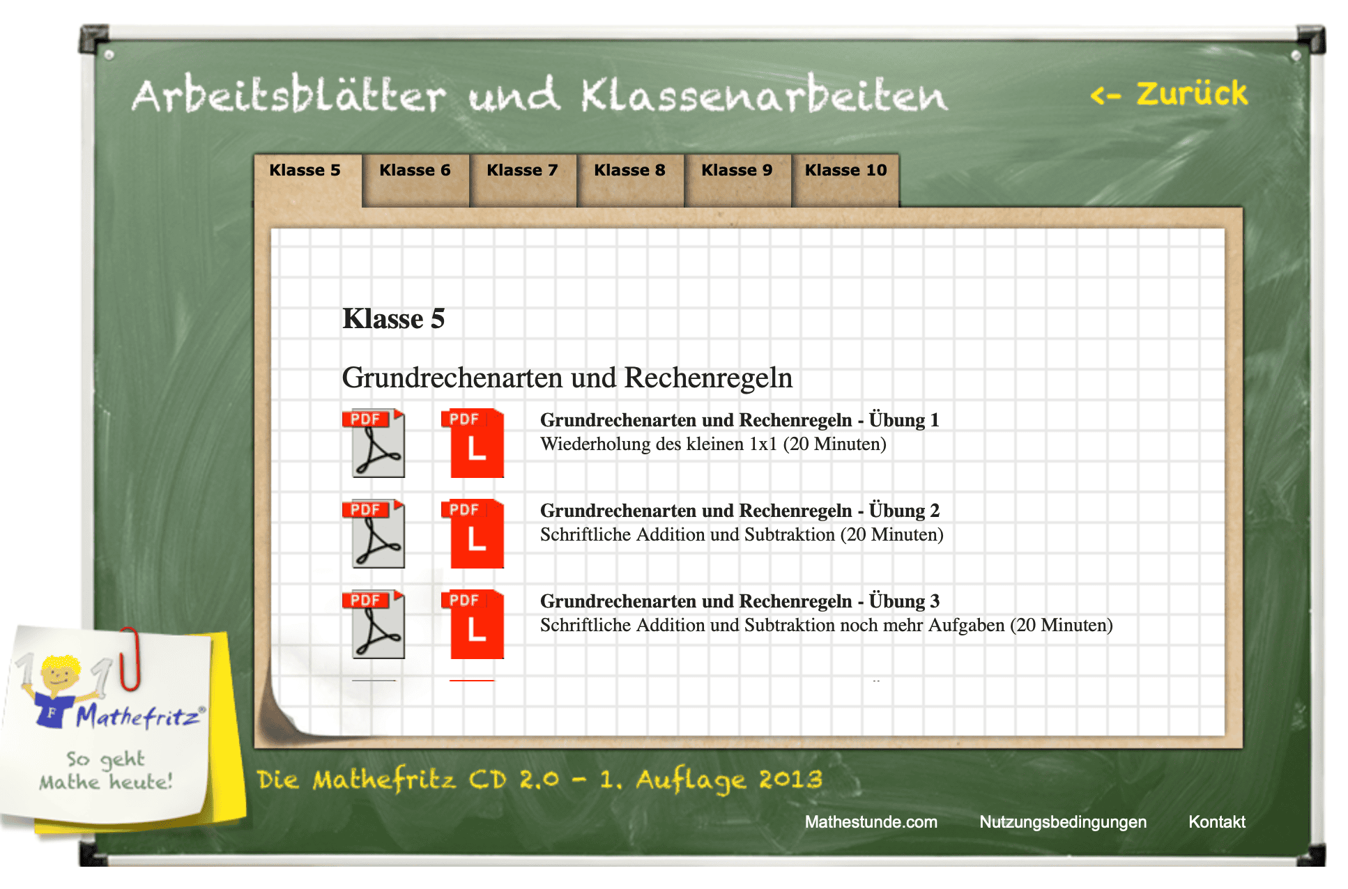 Mathefritz CD download Aufgabenblätter nach Klassen sortiert
