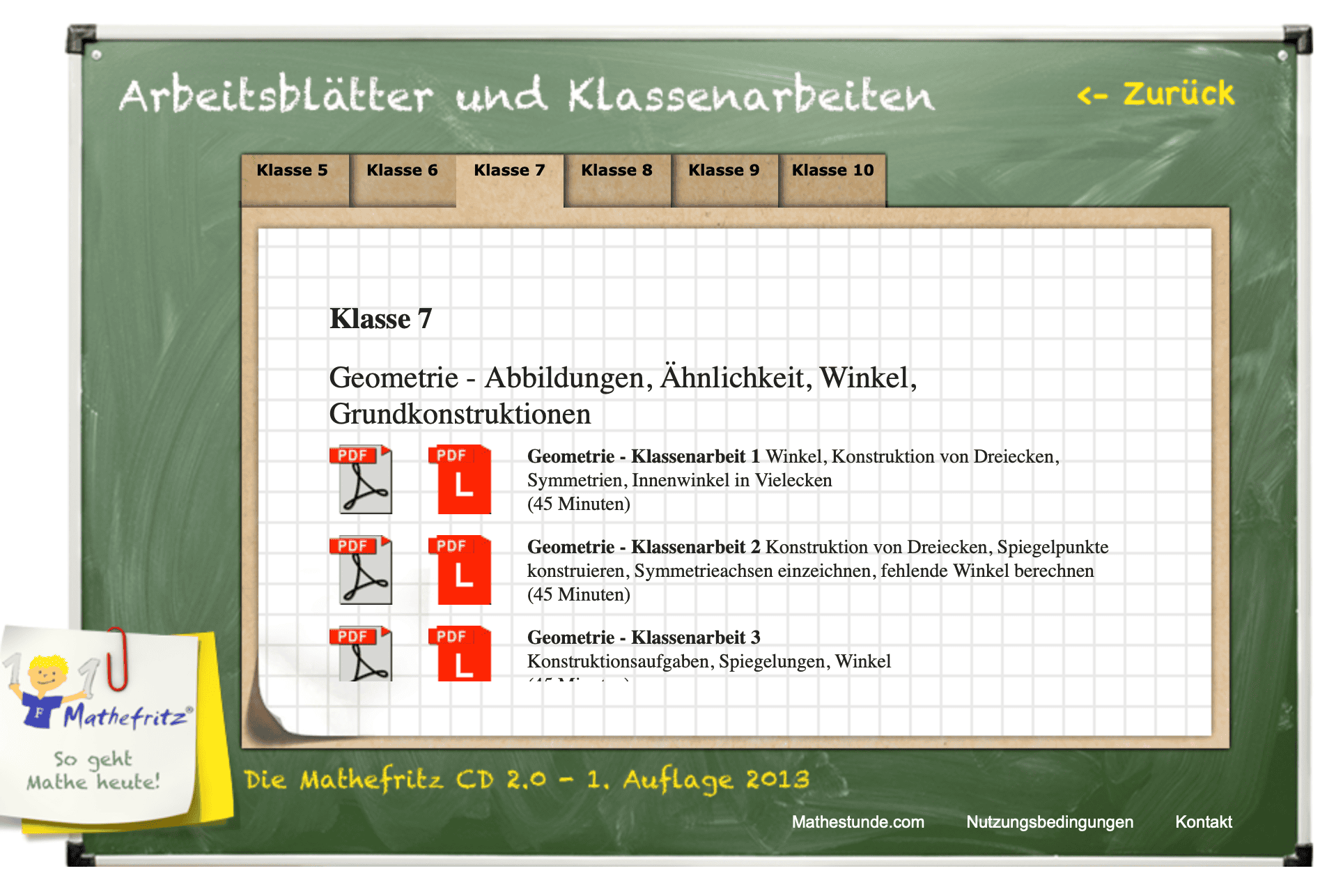 Mathefritz Arbeitsblätter Klasse 7 - Übersicht über die Arbeitsblätter